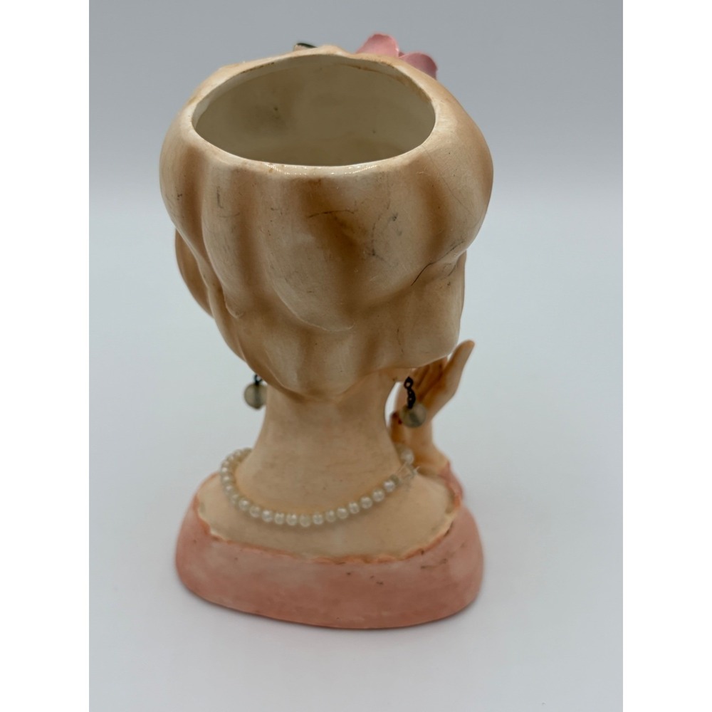 Vintage 1961 Inarco Japan Lady Head Vase E-193/M/B Pink Rose Pearl Necklace 5.5" - Picture 4 of 6
